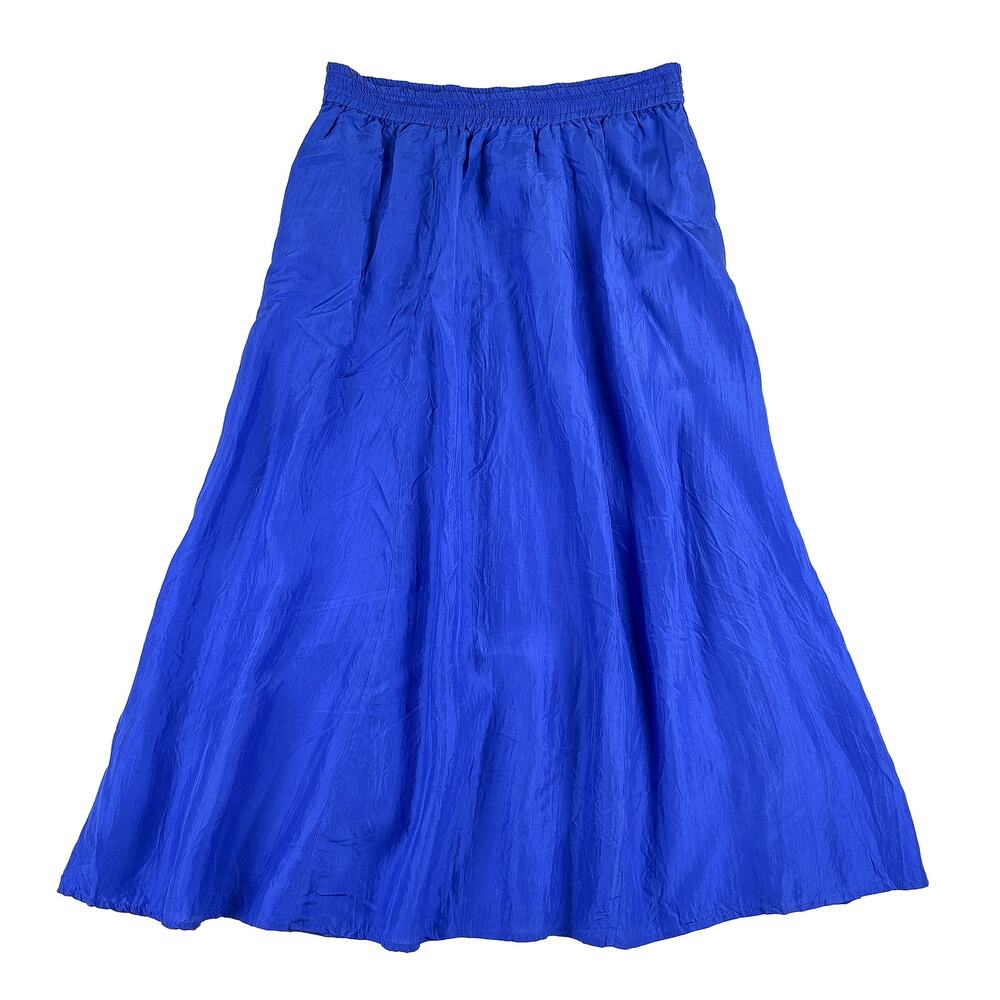 VTG 100% Silk Midi Skirt Restless Clothiers Womens M Blue Colorful Boho Pockets